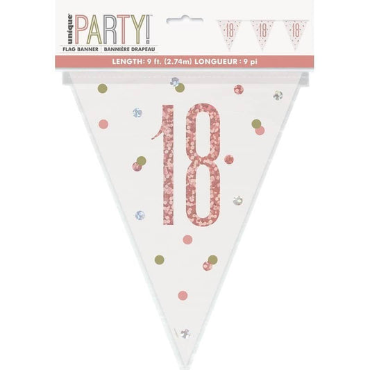 Rose Gold 18th Birthday Prismatic Foil Bunting Flag Banner 2.74m (9') - NextParty