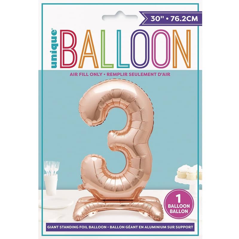 Rose Gold "3" Giant Standing Numeral Foil Balloon 76cm (30") Air Filled Only - NextParty