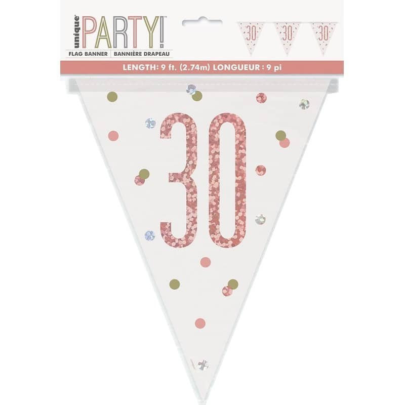 Rose Gold 30th Birthday Prismatic Foil Bunting Flag Banner 2.74m (9') - NextParty