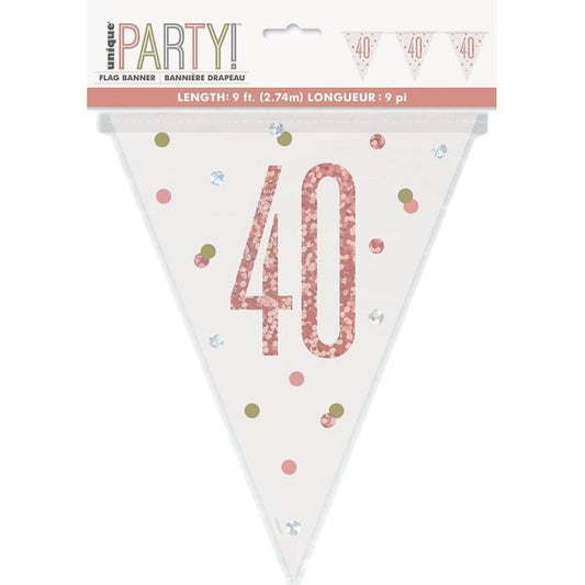 Rose Gold 40th Birthday Prismatic Foil Bunting Flag Banner 2.74m (9') - NextParty