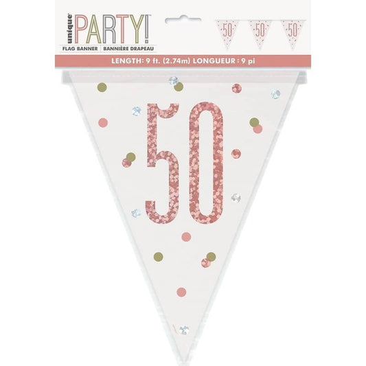 Rose Gold 50th Birthday Prismatic Foil Bunting Flag Banner 2.74m (9') - NextParty