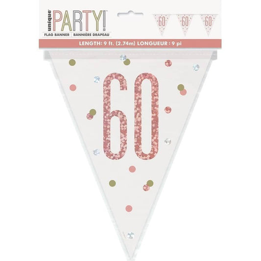 Rose Gold 60th Birthday Prismatic Foil Bunting Flag Banner 2.74m (9') - NextParty