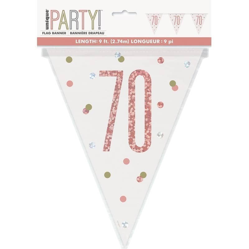 Rose Gold 70th Birthday Prismatic Foil Bunting Flag Banner 2.74m (9') - NextParty