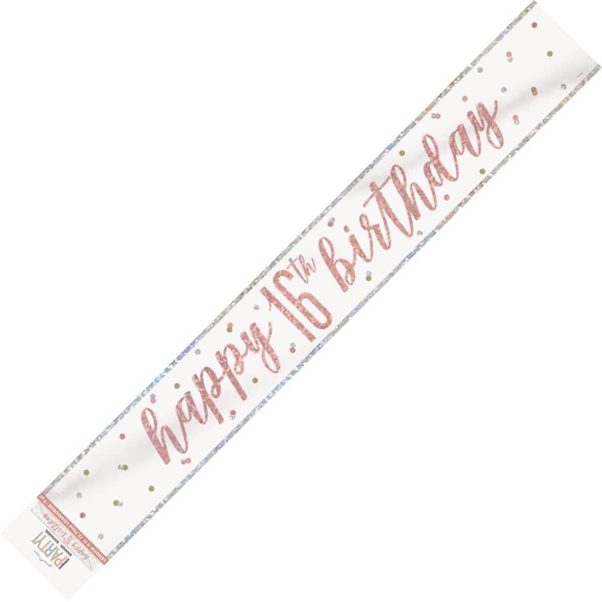 Rose Gold Happy 16th Birthday Prismatic Foil Banner 2.74M (9') - NextParty