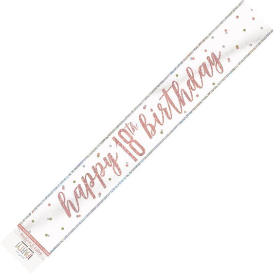 Rose Gold Happy 18th Birthday Prismatic Foil Banner 2.74M (9') - NextParty