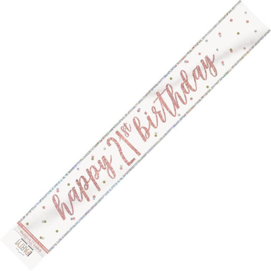 Rose Gold Happy 21st Birthday Prismatic Foil Banner 2.74M (9') - NextParty