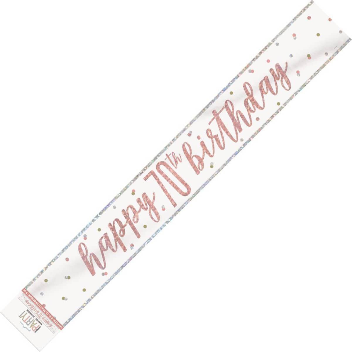 Rose Gold Happy 70th Birthday Prismatic Foil Banner 2.74M (9') - NextParty