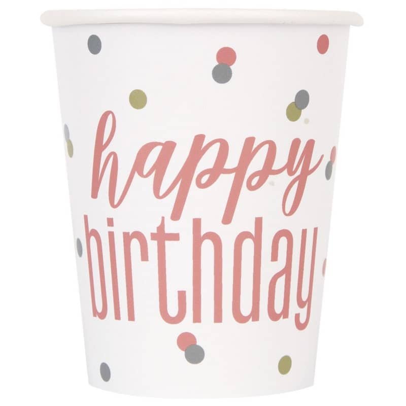 Rose Gold Happy Birthday Paper Cups 8pk - NextParty