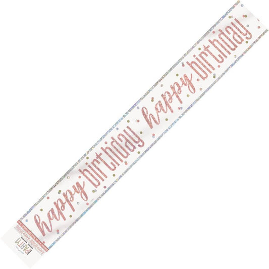 Rose Gold Happy Birthday Prismatic Foil Banner 2.74M (9') - NextParty