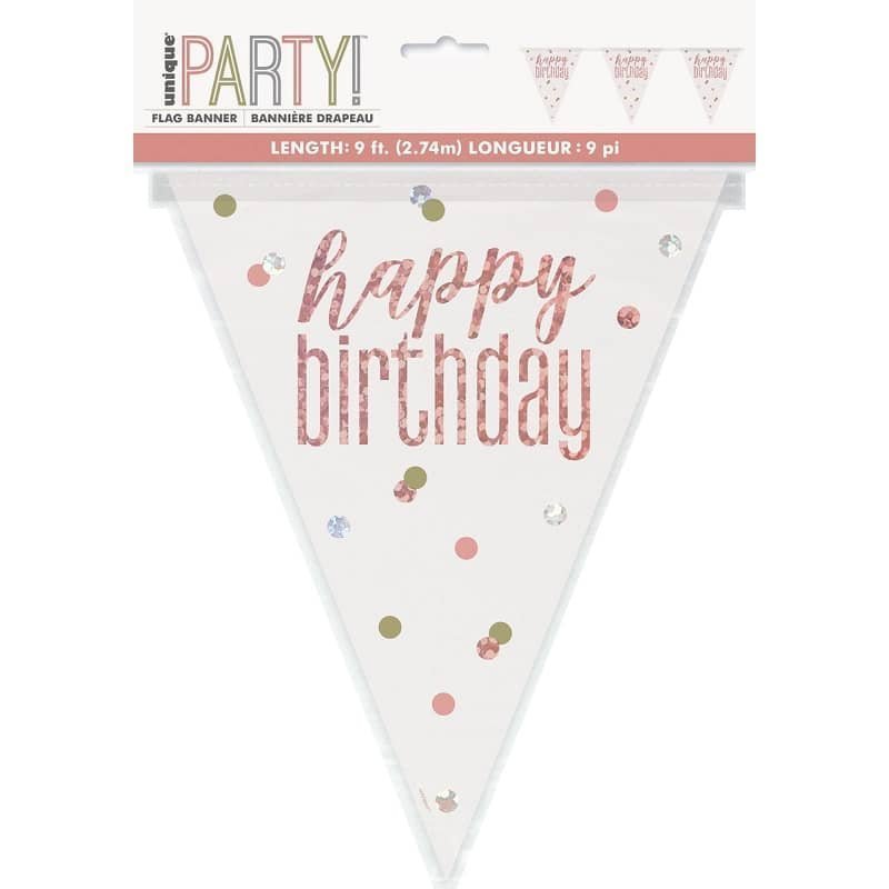 Rose Gold Happy Birthday Prismatic Foil Bunting Flag Banner 2.74m (9') - NextParty