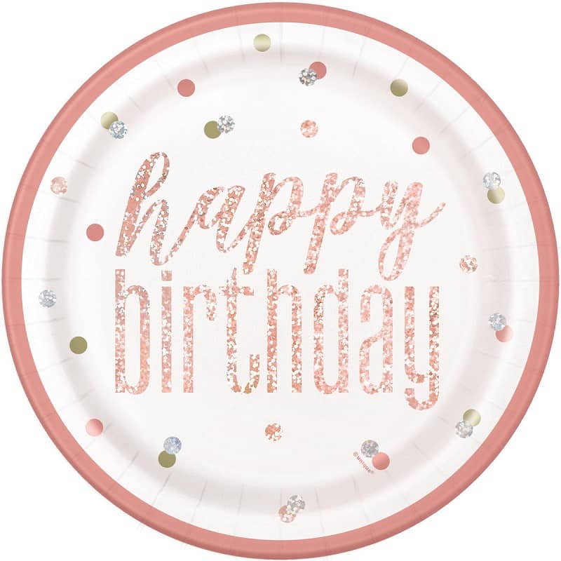 Rose Gold Happy Birthday Prismatic Paper Plates 23CM (9") 8pk - NextParty