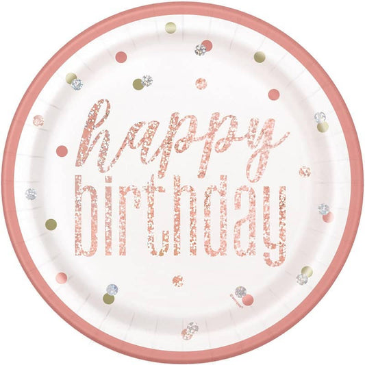 Rose Gold Happy Birthday Prismatic Paper Plates 23CM (9") 8pk - NextParty