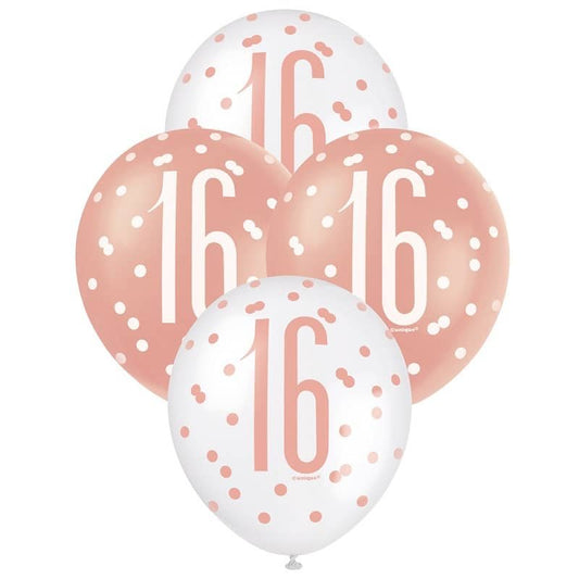 Rose Gold White 16th Birthday Latex Balloons 30cm (12") 6pk - NextParty