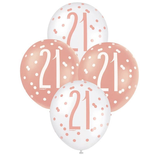 Rose Gold White 21st Birthday Latex Balloons 30cm (12") 6pk - NextParty