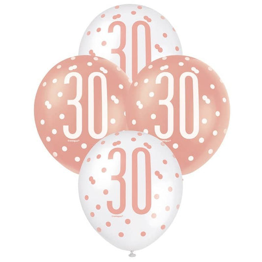 Rose Gold White 30th Birthday Latex Balloons 30cm (12") 6pk - NextParty