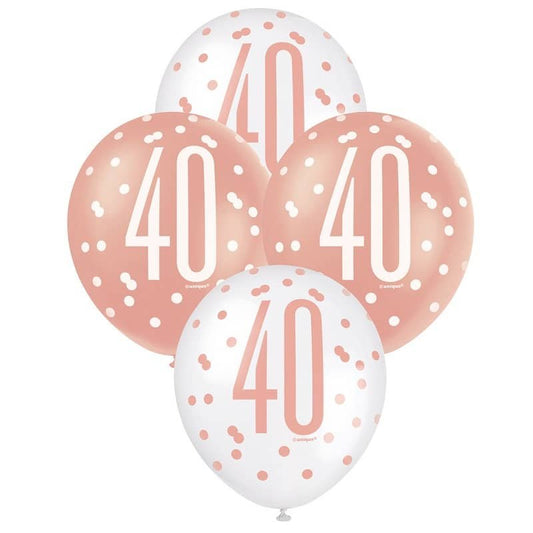 Rose Gold White 40th Birthday Latex Balloons 30cm (12") 6pk - NextParty