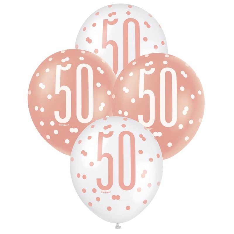 Rose Gold White 50th Birthday Latex Balloons 30cm (12") 6pk - NextParty