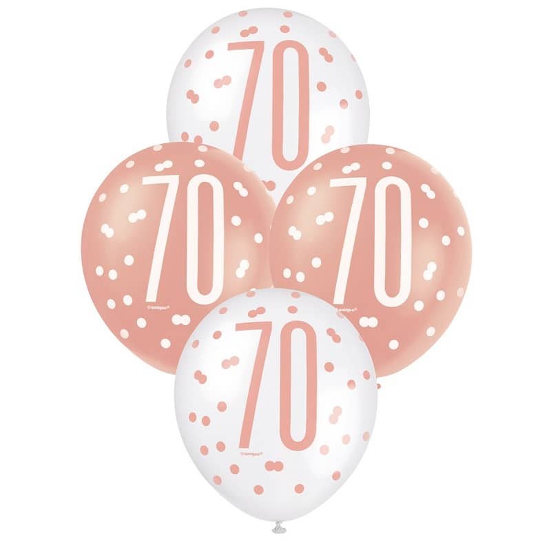 Rose Gold White 70th Birthday Latex Balloons 30cm (12") 6pk - NextParty