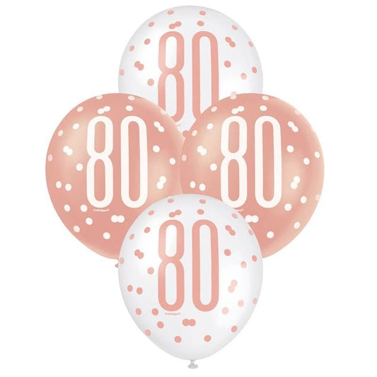 Rose Gold White 80th Birthday Latex Balloons 30cm (12") 6pk - NextParty