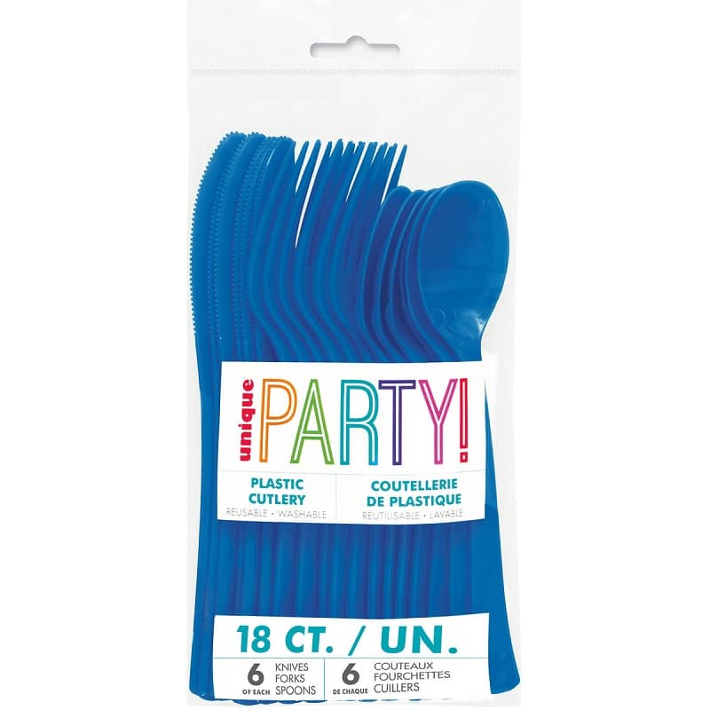 Royal Blue Solid Colour Plastic Assorted Cutlery 18pk Reusable - NextParty