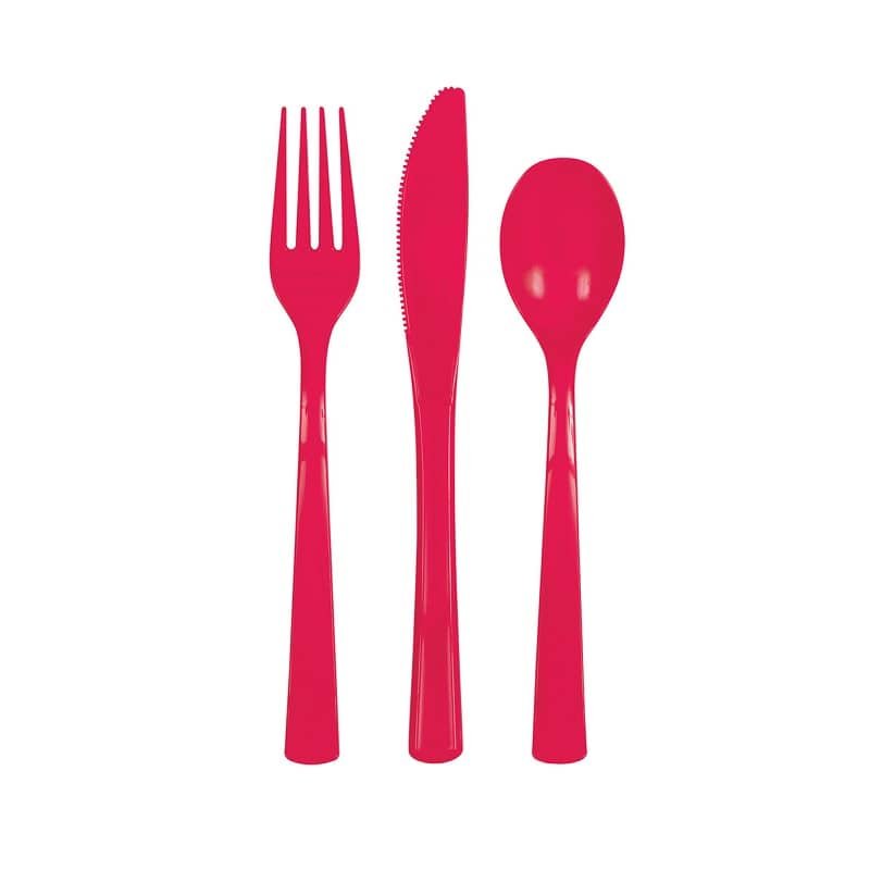 Ruby Red Solid Colour Plastic Assorted Cutlery 18pk Reusable - NextParty