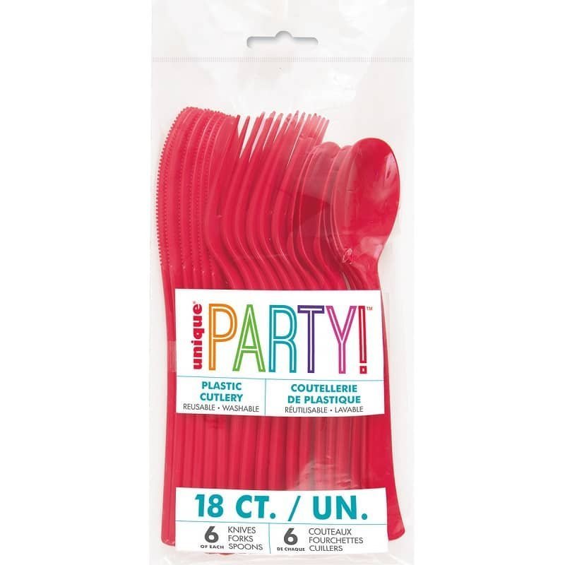 Ruby Red Solid Colour Plastic Assorted Cutlery 18pk Reusable - NextParty