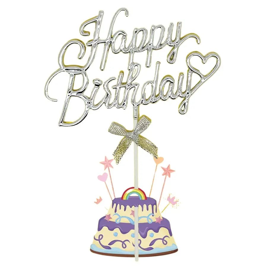 Silver Happy Birthday Cake Topper With Bow 12cm x 20cm - NextParty