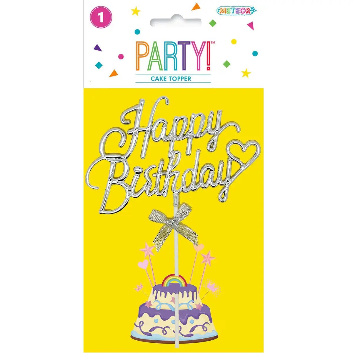 Silver Happy Birthday Cake Topper With Bow 12cm x 20cm - NextParty