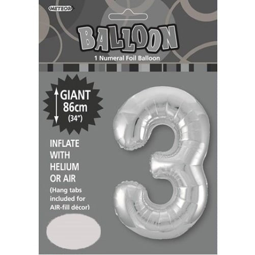 Silver Number 3 Giant Numeral Foil Balloon 86CM (34") - NextParty