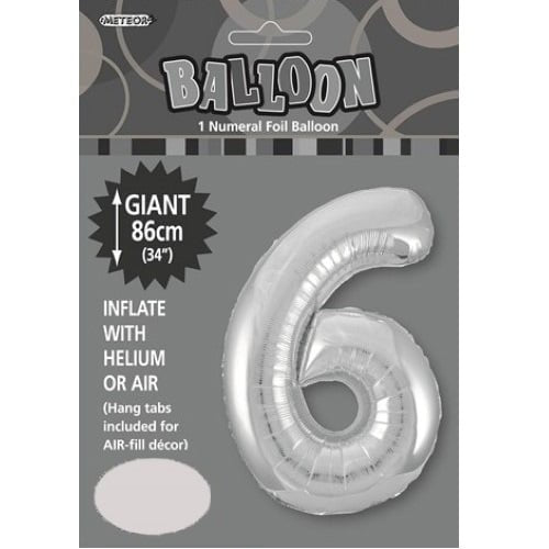 Silver Number 6 Giant Numeral Foil Balloon 86CM (34") - NextParty