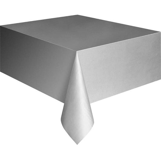 Silver Rectangle Solid Colour Plastic Table Cover 137cm x 274cm - NextParty