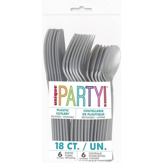 Silver Solid Colour Plastic Assorted Cutlery 18pk Reusable - NextParty