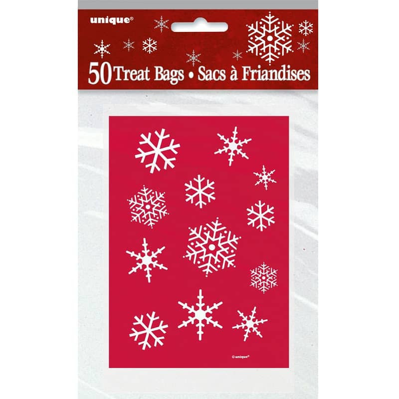 Small Christmas Snowflake Red Plastic Treat Bags 50pk - NextParty