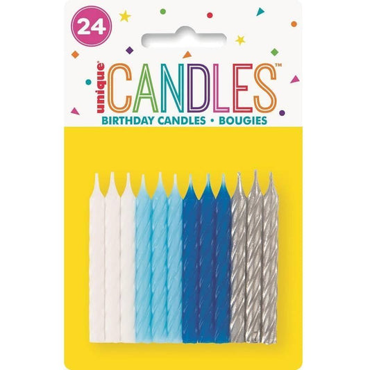 Spiral Candles 24pk Blue Assorted Colours - NextParty