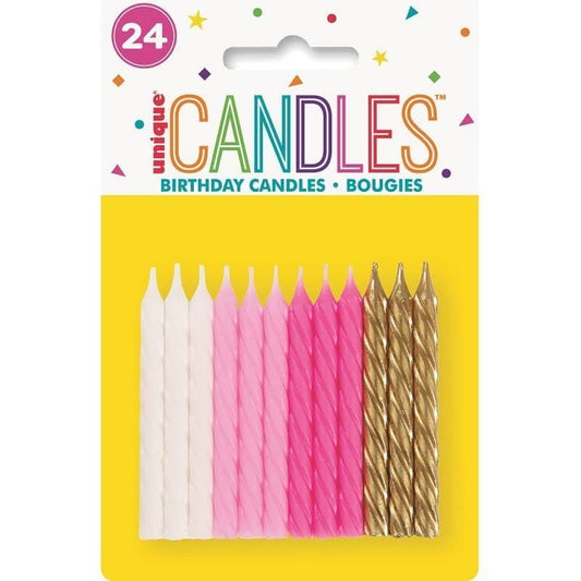 Spiral Candles 24pk Pink Assorted Colours - NextParty