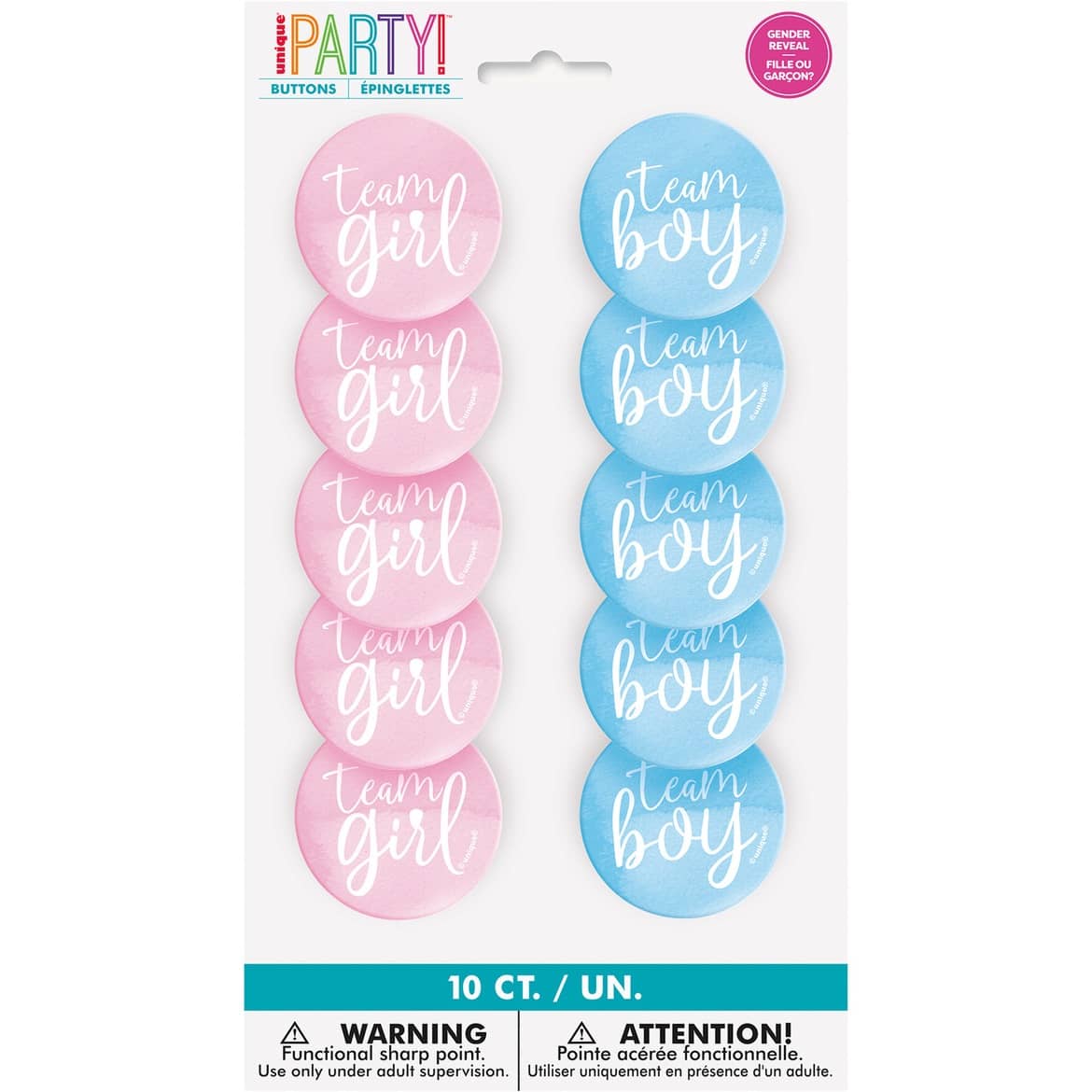 Team Boy Or Girl Gender Reveal Badges 10pk - NextParty