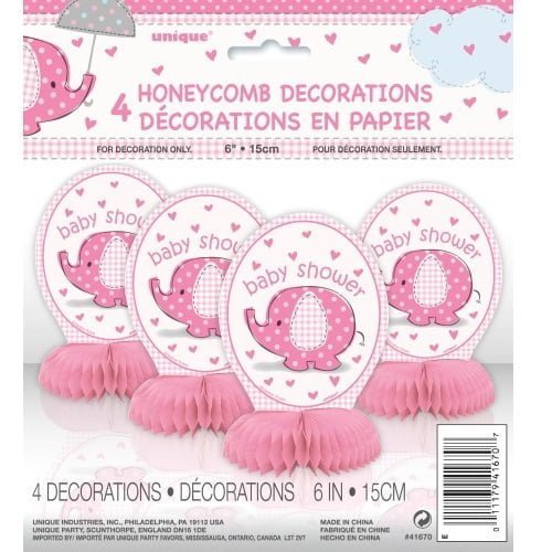 Umbrellaphant Baby Shower Pink 4 Mini Honeycomb Decorations 15cm H (6") - NextParty