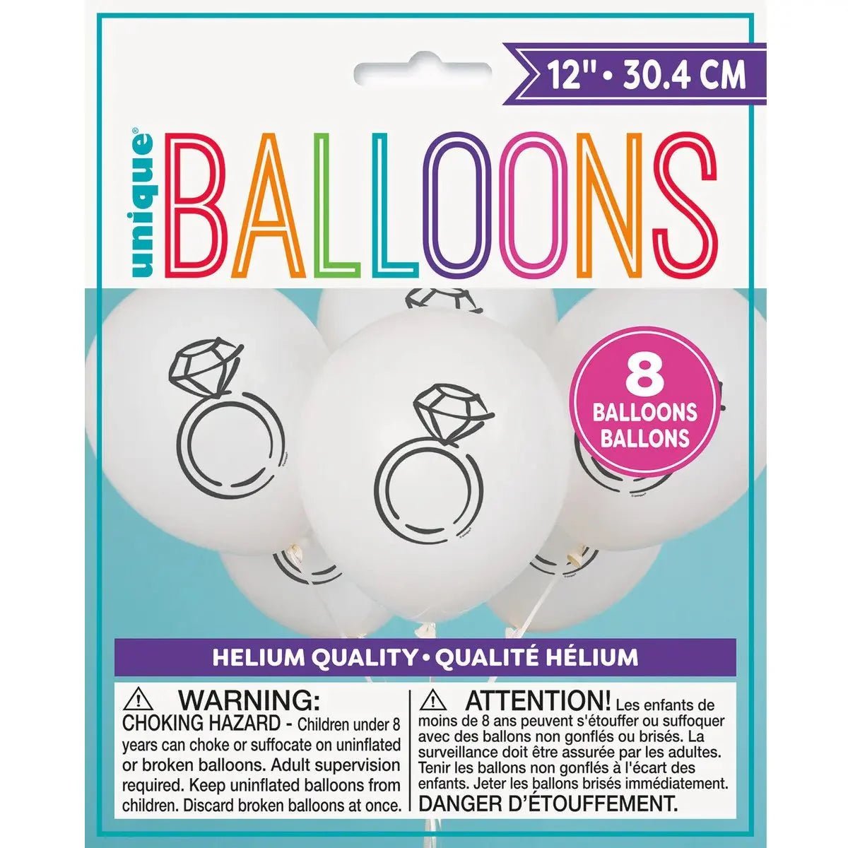 White Diamond Rings Latex Balloons 30cm (12") 8pk - NextParty