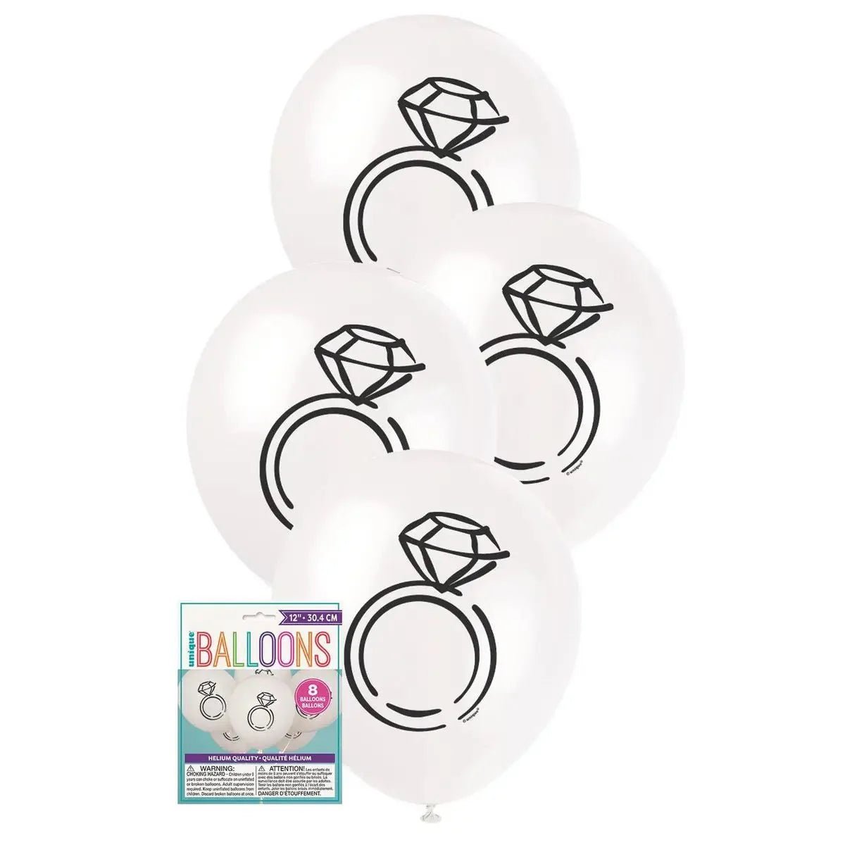 White Diamond Rings Latex Balloons 30cm (12") 8pk - NextParty