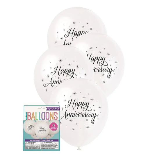 White Happy Anniversary Latex Balloons 30cm (12") 8pk - NextParty