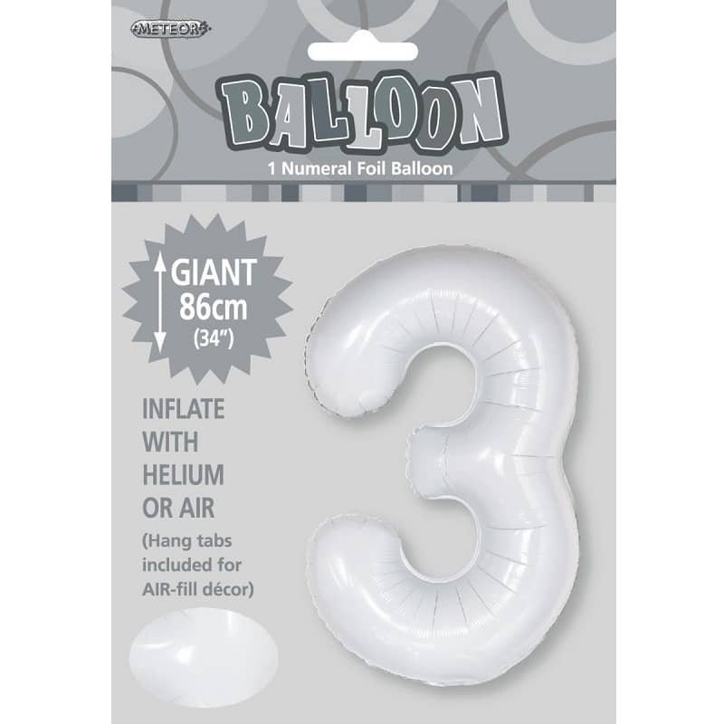 White Number 3 Giant Numeral Foil Balloon 86CM (34") - NextParty