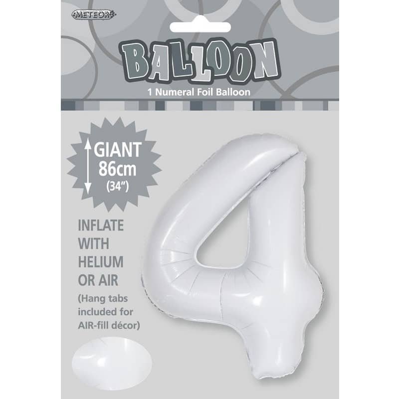 White Number 4 Giant Numeral Foil Balloon 86CM (34") - NextParty