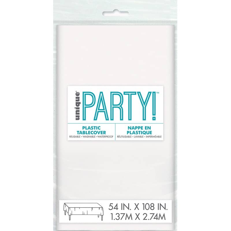 White Rectangle Solid Colour Plastic Table Cover 137cm x 274cm - NextParty