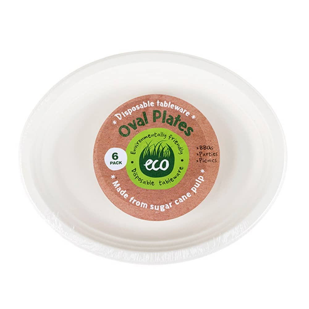 White Solid Colour Sugar Cane Oval Plates 30x23cm 6pk Eco Friendly - NextParty