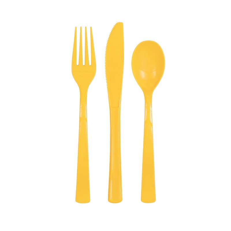 Yellow Solid Colour Plastic Assorted Cutlery 18pk Reusable - NextParty