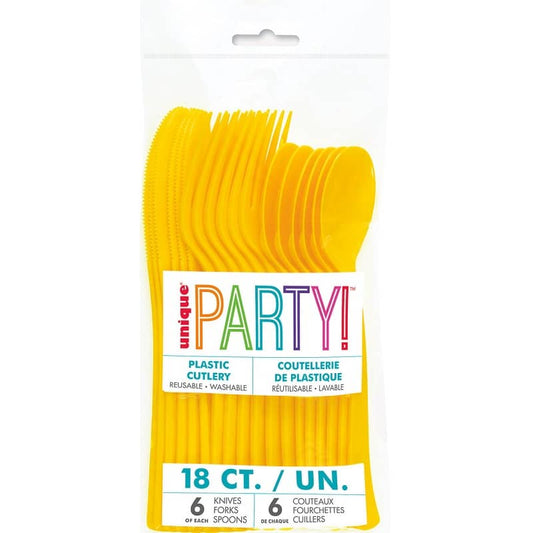 Yellow Solid Colour Plastic Assorted Cutlery 18pk Reusable - NextParty